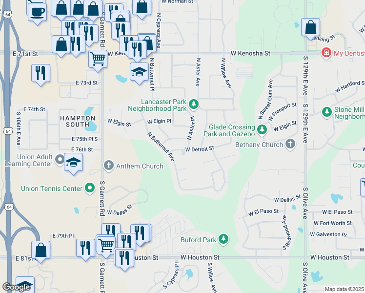 map of restaurants, bars, coffee shops, grocery stores, and more near 4412 West Detroit Street in Broken Arrow