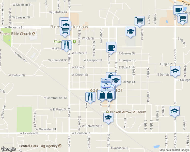 map of restaurants, bars, coffee shops, grocery stores, and more near 221 West Detroit Street in Broken Arrow