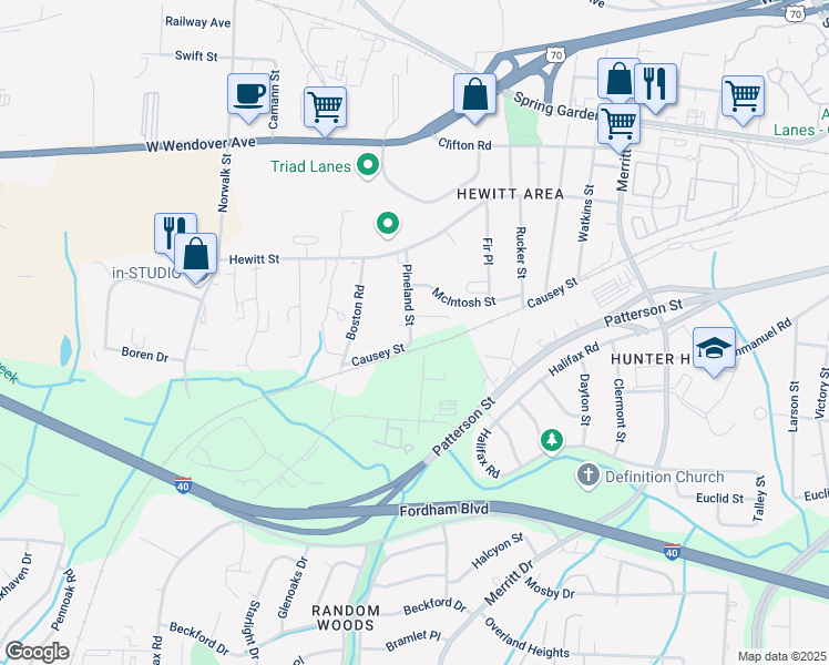 map of restaurants, bars, coffee shops, grocery stores, and more near 1027 Pineland Street in Greensboro