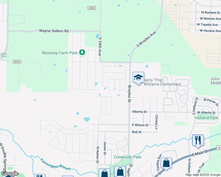 map of restaurants, bars, coffee shops, grocery stores, and more near 941 Broyles Street in Farmington