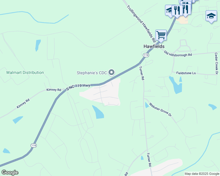 map of restaurants, bars, coffee shops, grocery stores, and more near 1621 White Court in Mebane