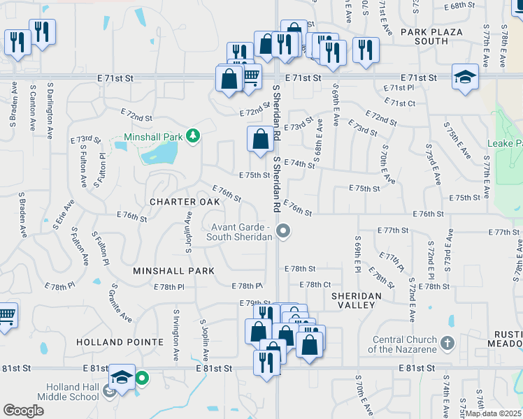 map of restaurants, bars, coffee shops, grocery stores, and more near 7609 South Norwood Avenue in Tulsa