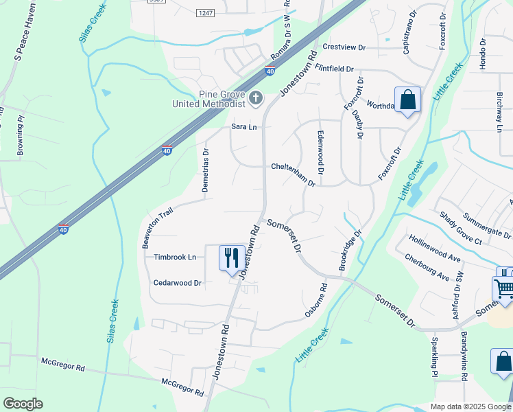 map of restaurants, bars, coffee shops, grocery stores, and more near 1280 Jonestown Road in Winston-Salem