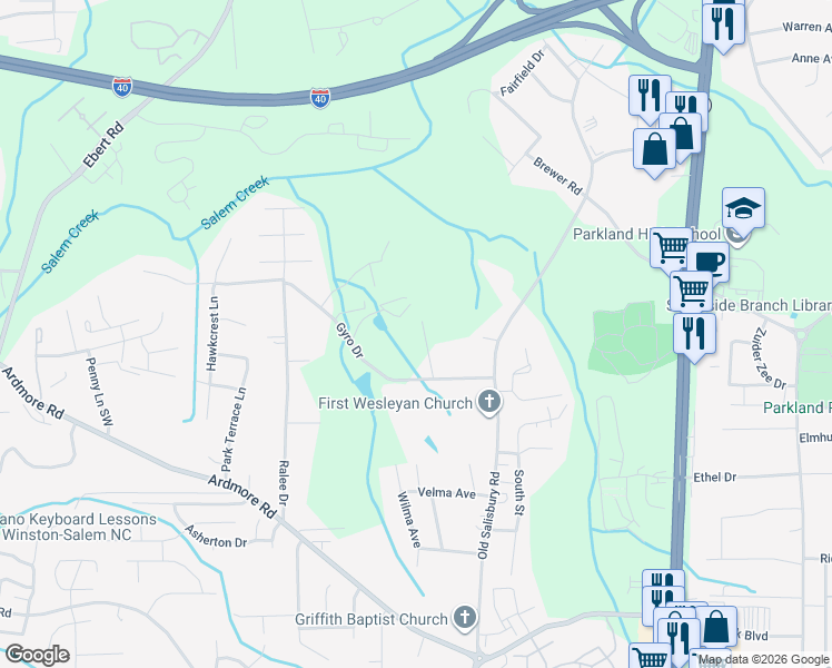 map of restaurants, bars, coffee shops, grocery stores, and more near 1729 Gyro Drive in Winston-Salem