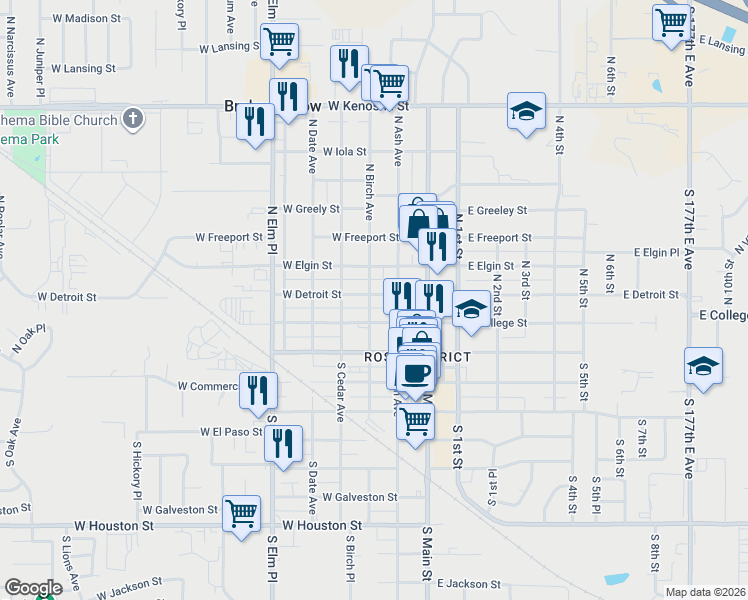 map of restaurants, bars, coffee shops, grocery stores, and more near 221 West Detroit Street in Broken Arrow