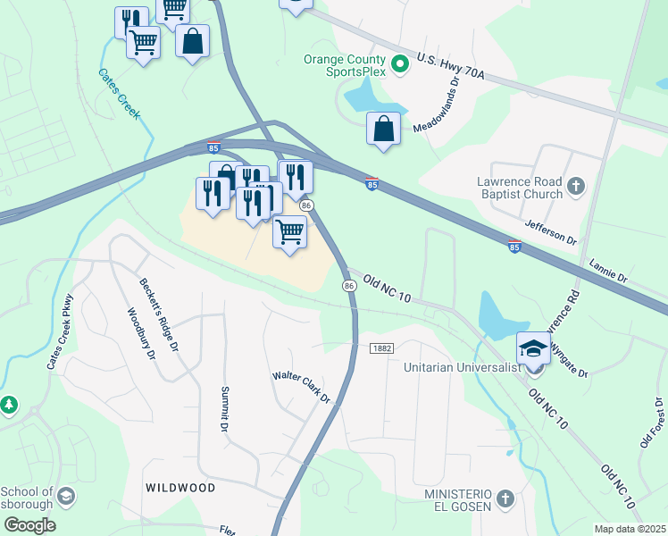 map of restaurants, bars, coffee shops, grocery stores, and more near 2101 North Carolina 86 in Hillsborough