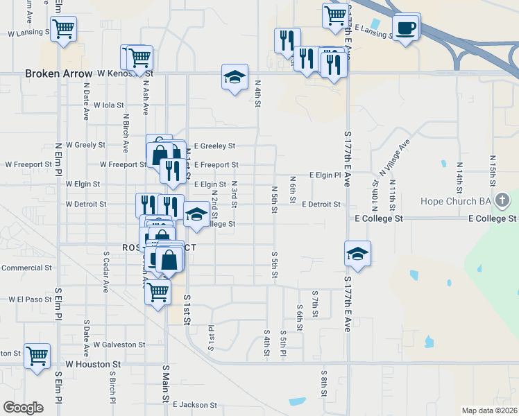 map of restaurants, bars, coffee shops, grocery stores, and more near 421 East Detroit Street in Broken Arrow