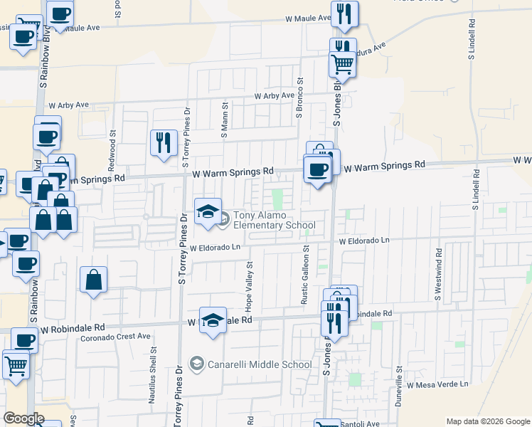 map of restaurants, bars, coffee shops, grocery stores, and more near 6277 Pangea Avenue in Las Vegas