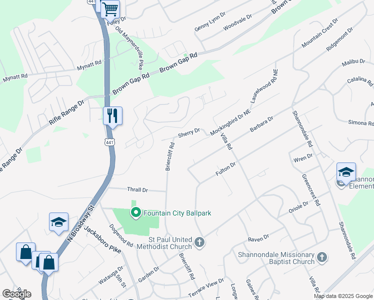 map of restaurants, bars, coffee shops, grocery stores, and more near 4204 Mockingbird Drive Northeast in Knoxville
