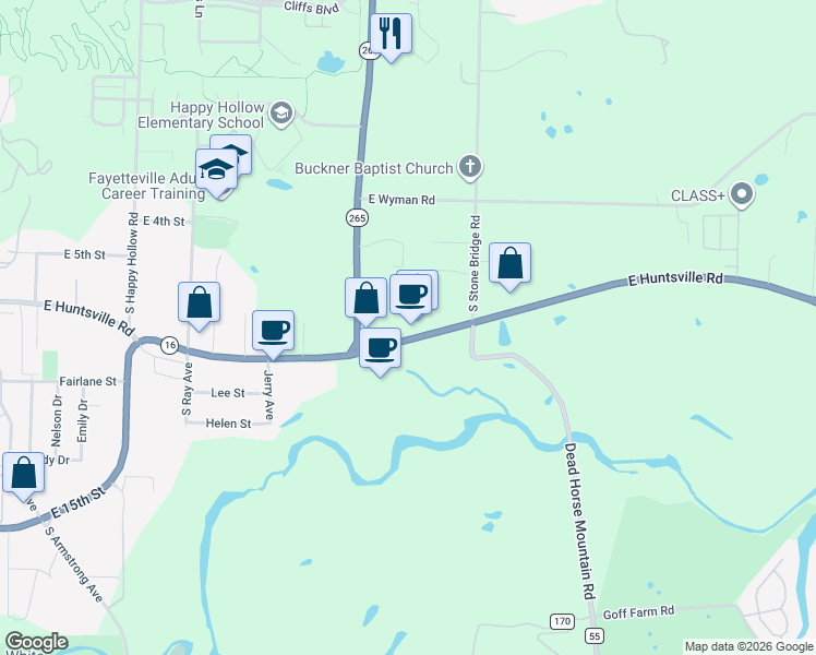 map of restaurants, bars, coffee shops, grocery stores, and more near 2634 East Huntsville Road in Fayetteville