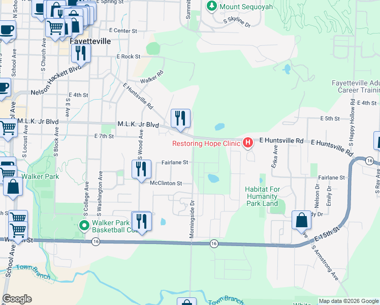 map of restaurants, bars, coffee shops, grocery stores, and more near 821 Morningside Drive in Fayetteville