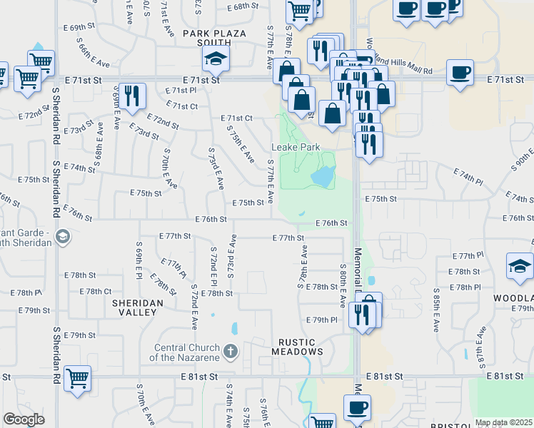 map of restaurants, bars, coffee shops, grocery stores, and more near 7352 East 76th Street in Tulsa