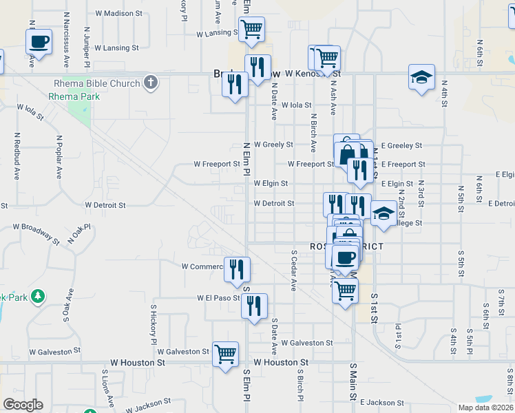 map of restaurants, bars, coffee shops, grocery stores, and more near 128 North Elm Place in Broken Arrow