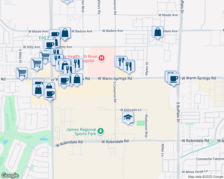 map of restaurants, bars, coffee shops, grocery stores, and more near 8205 West Warm Springs Road in Las Vegas