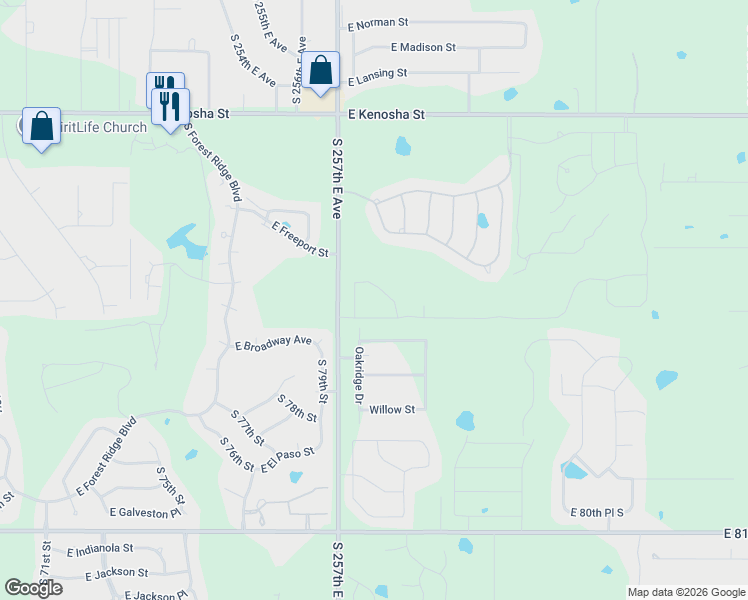 map of restaurants, bars, coffee shops, grocery stores, and more near 25823 East Cottonwood Street in Broken Arrow