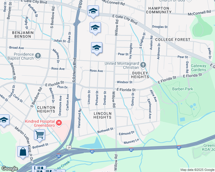 map of restaurants, bars, coffee shops, grocery stores, and more near 1522 Willow Road in Greensboro