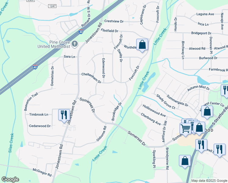 map of restaurants, bars, coffee shops, grocery stores, and more near 496 Brookridge Drive in Winston-Salem