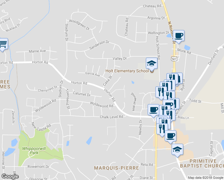 map of restaurants, bars, coffee shops, grocery stores, and more near 4004 Candlewick Way in Durham