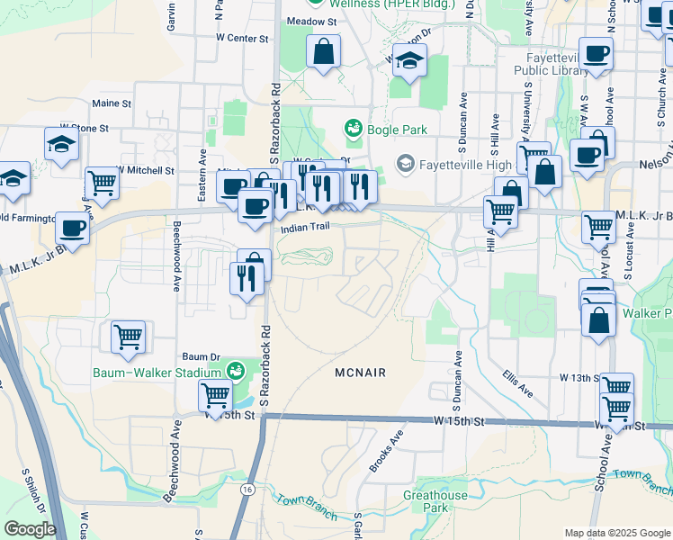 map of restaurants, bars, coffee shops, grocery stores, and more near 879 South Rose Avenue in Fayetteville