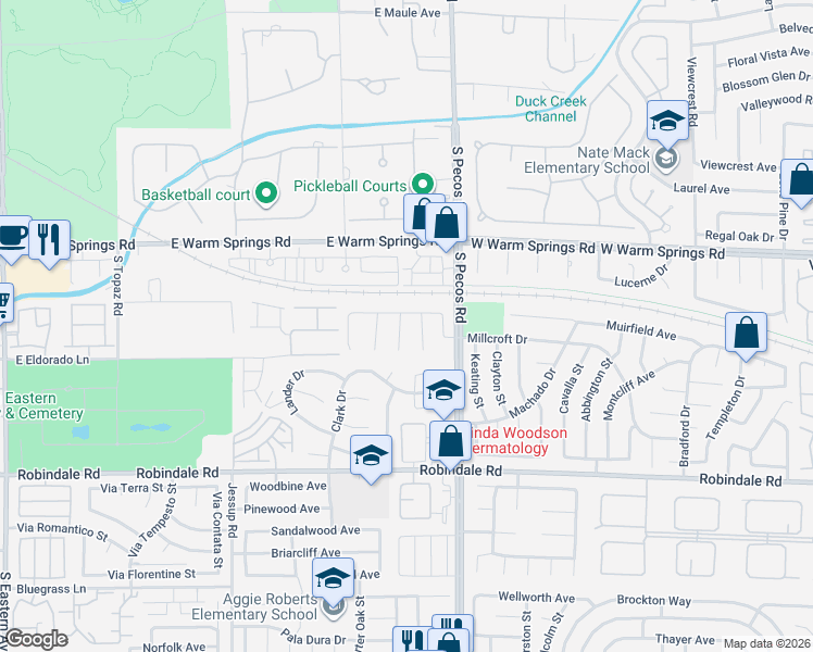 map of restaurants, bars, coffee shops, grocery stores, and more near 7462 South Midfield Court in Las Vegas