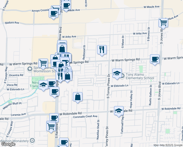 map of restaurants, bars, coffee shops, grocery stores, and more near 6671 West Churnet Valley Avenue in Las Vegas