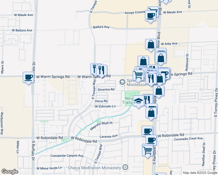 map of restaurants, bars, coffee shops, grocery stores, and more near 7223 Dicentra Road in Las Vegas