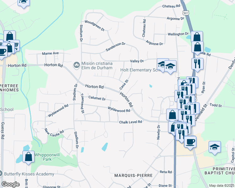 map of restaurants, bars, coffee shops, grocery stores, and more near 908 Calumet Drive in Durham