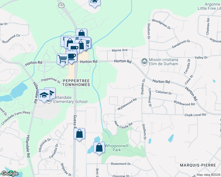 map of restaurants, bars, coffee shops, grocery stores, and more near 1429 Cherrycrest Drive in Durham