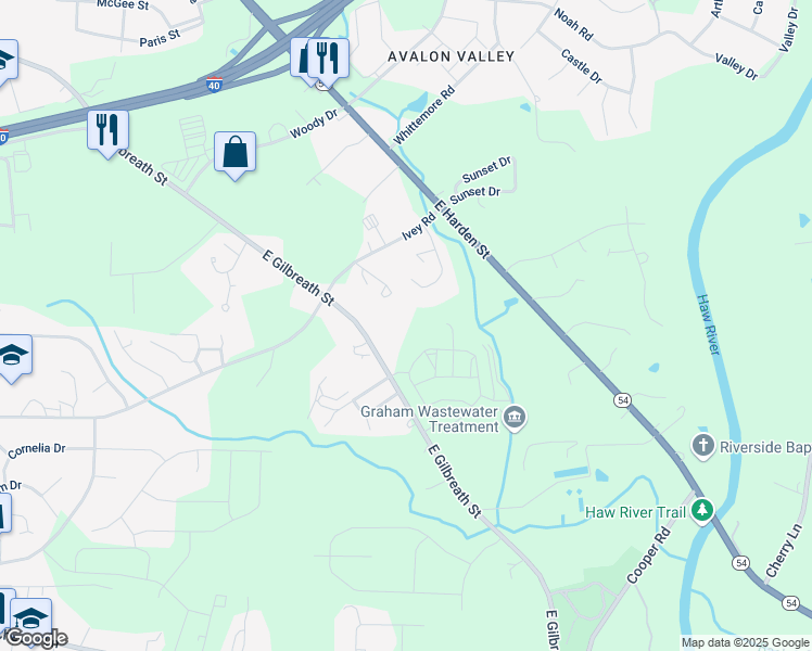 map of restaurants, bars, coffee shops, grocery stores, and more near 928 East Gilbreath Street in Graham