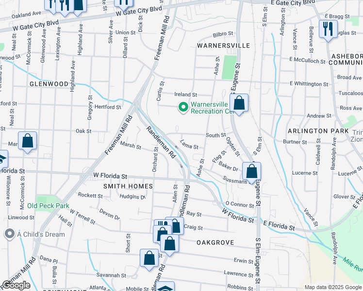 map of restaurants, bars, coffee shops, grocery stores, and more near 515 Lama Street in Greensboro