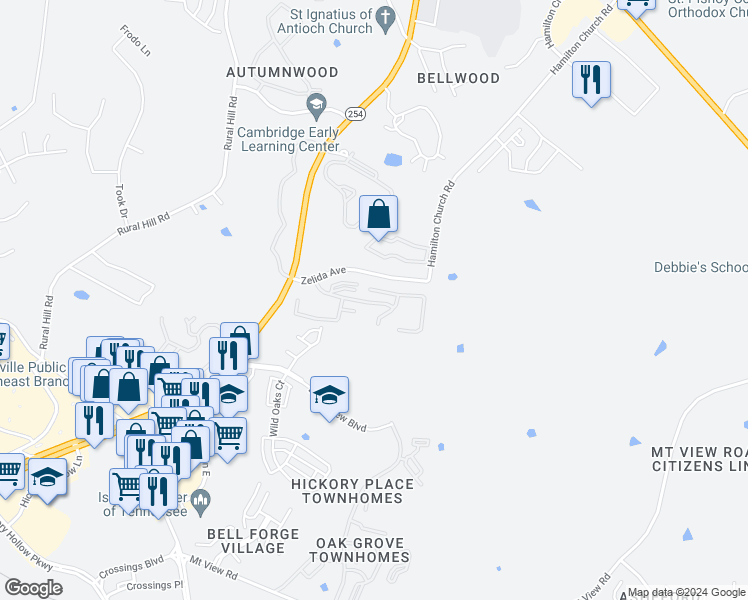 map of restaurants, bars, coffee shops, grocery stores, and more near 1603 Hickory Club Drive in Nashville