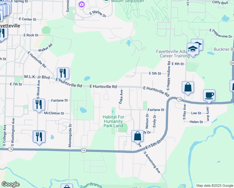 map of restaurants, bars, coffee shops, grocery stores, and more near 1201 East Huntsville Road in Fayetteville