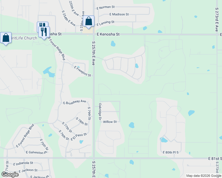 map of restaurants, bars, coffee shops, grocery stores, and more near 25823 East Cottonwood Street in Broken Arrow