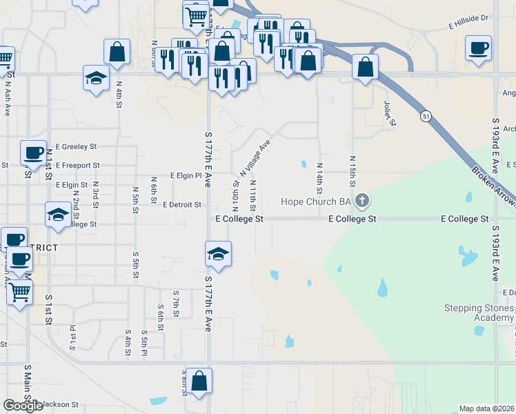 map of restaurants, bars, coffee shops, grocery stores, and more near 201 North 11th Street in Broken Arrow