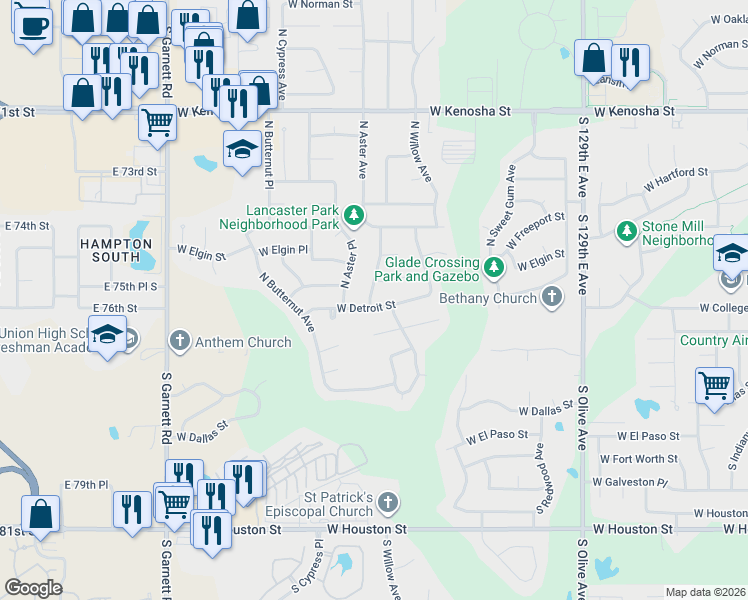 map of restaurants, bars, coffee shops, grocery stores, and more near 4405 West Detroit Street in Broken Arrow