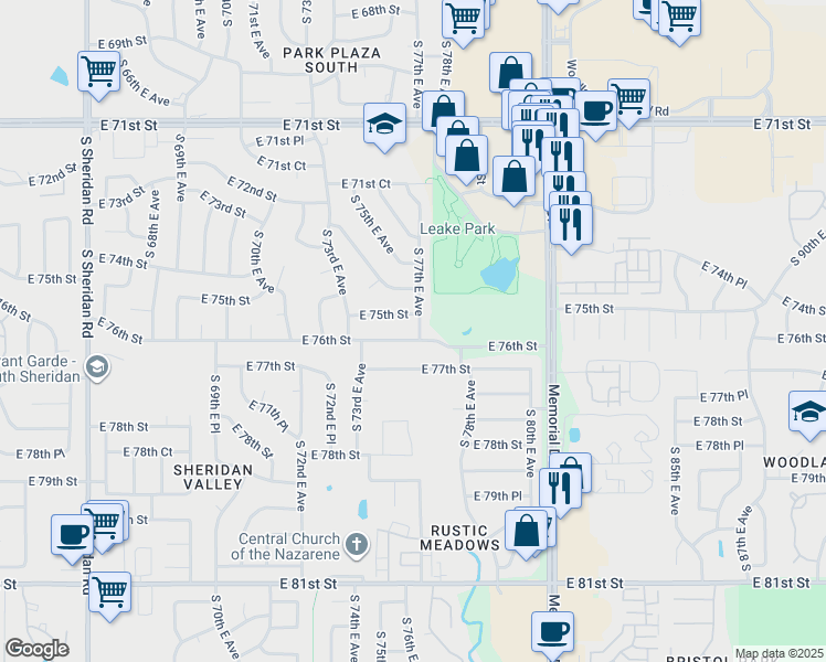 map of restaurants, bars, coffee shops, grocery stores, and more near 7352 East 76th Street in Tulsa