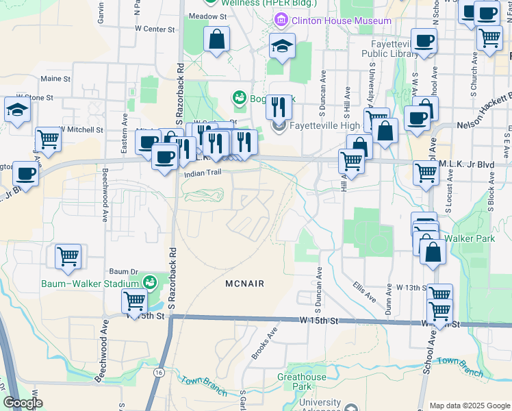 map of restaurants, bars, coffee shops, grocery stores, and more near 1111 Stadium Drive in Fayetteville