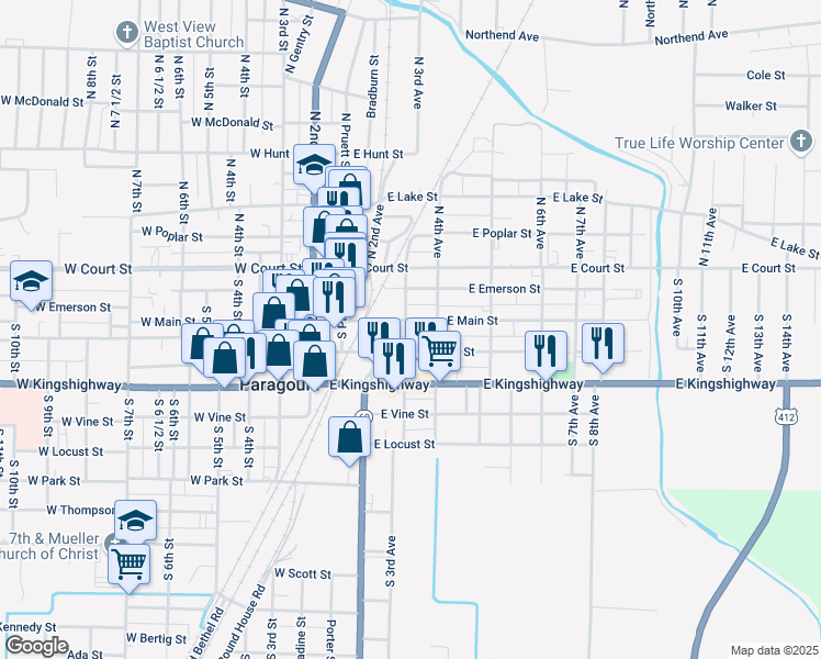 map of restaurants, bars, coffee shops, grocery stores, and more near 308 South 4th Avenue in Paragould