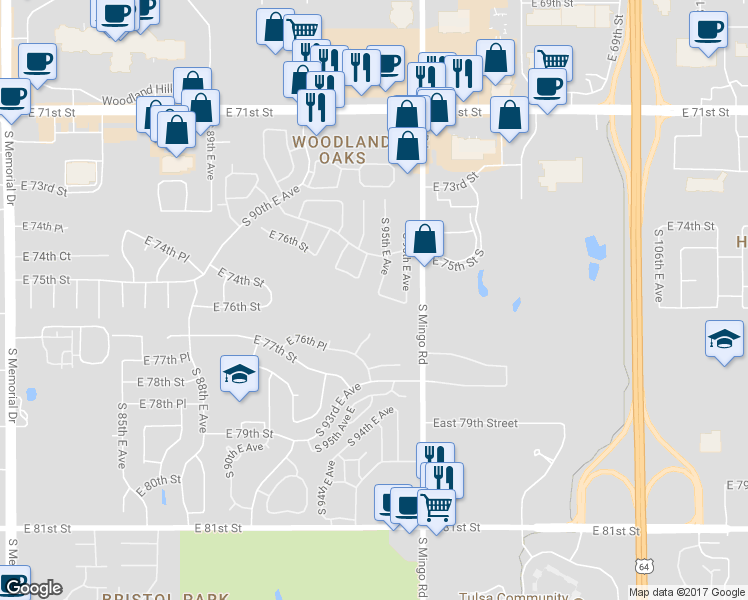 map of restaurants, bars, coffee shops, grocery stores, and more near 9502 East 76th Street in Tulsa