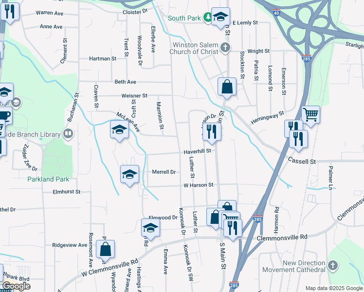 map of restaurants, bars, coffee shops, grocery stores, and more near 3141 Konnoak Drive in Winston-Salem