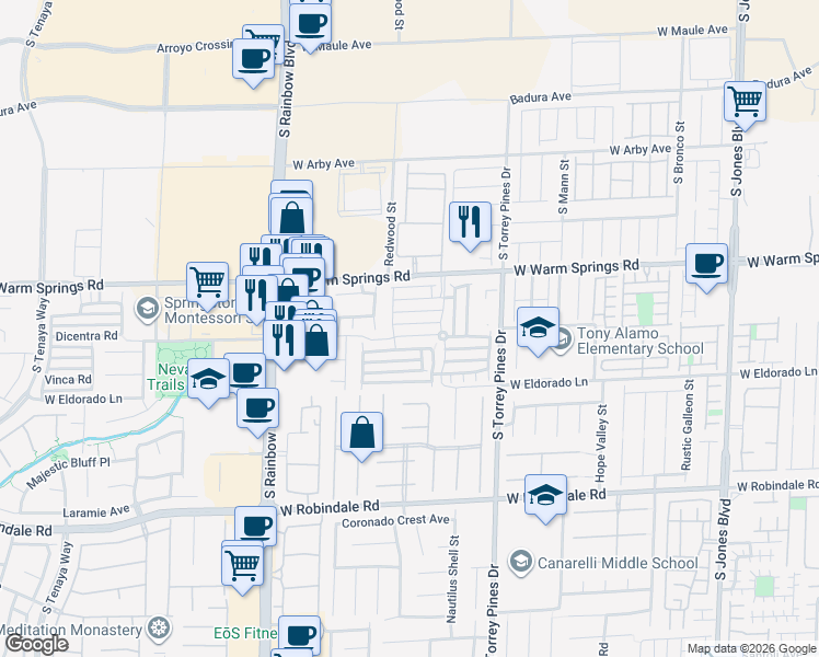 map of restaurants, bars, coffee shops, grocery stores, and more near 6677 Topley Pike Avenue in Las Vegas