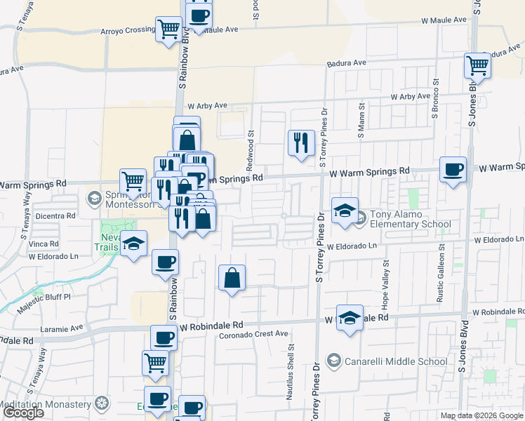 map of restaurants, bars, coffee shops, grocery stores, and more near 6677 Topley Pike Avenue in Las Vegas