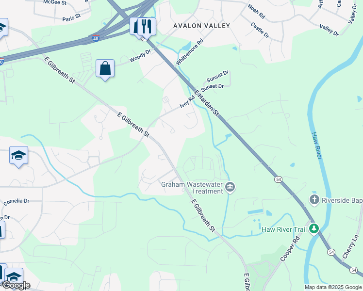 map of restaurants, bars, coffee shops, grocery stores, and more near 928 East Gilbreath Street in Graham