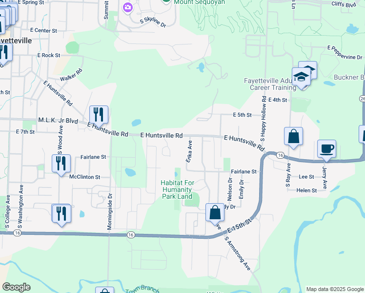 map of restaurants, bars, coffee shops, grocery stores, and more near 1201 East Huntsville Road in Fayetteville