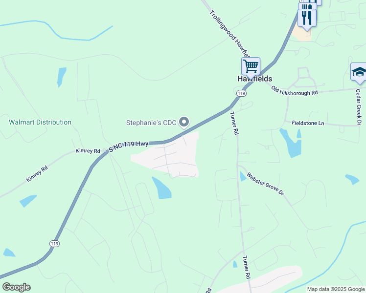 map of restaurants, bars, coffee shops, grocery stores, and more near 1621 White Court in Mebane