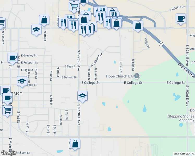 map of restaurants, bars, coffee shops, grocery stores, and more near 201 North 11th Street in Broken Arrow