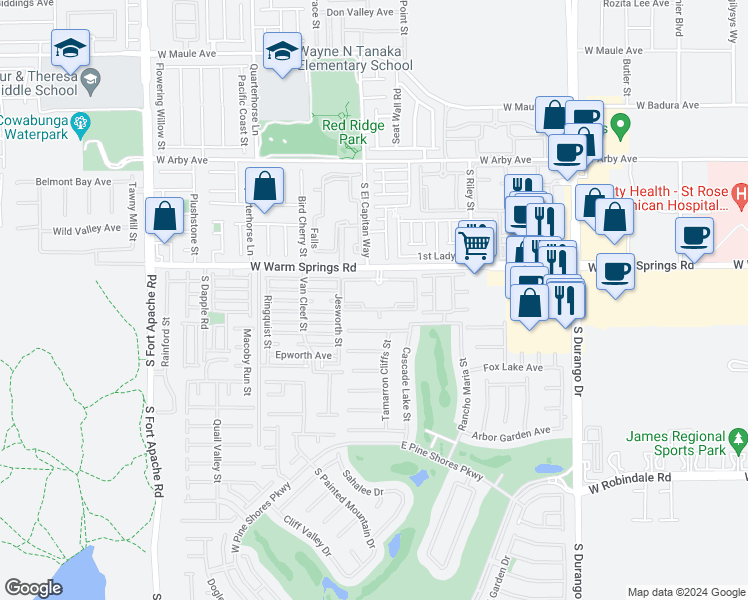 map of restaurants, bars, coffee shops, grocery stores, and more near 8975 West Warm Springs Road in Las Vegas