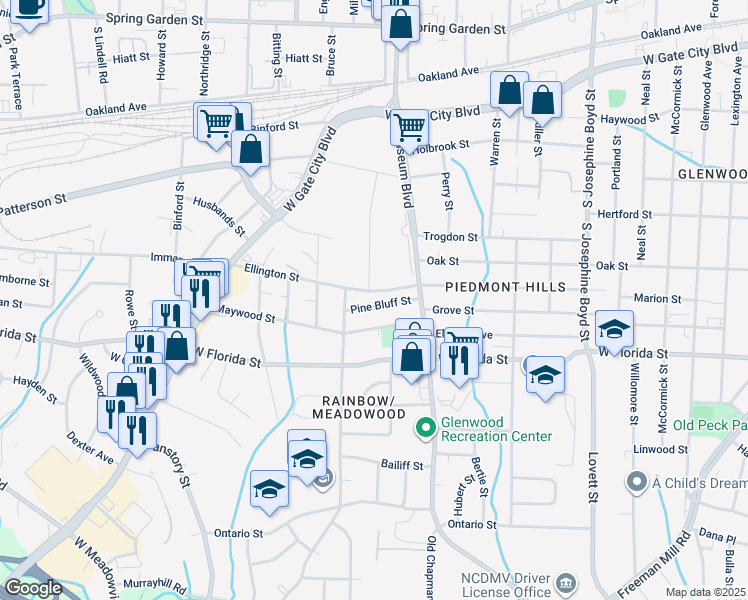 map of restaurants, bars, coffee shops, grocery stores, and more near 2022 Pine Bluff Street in Greensboro