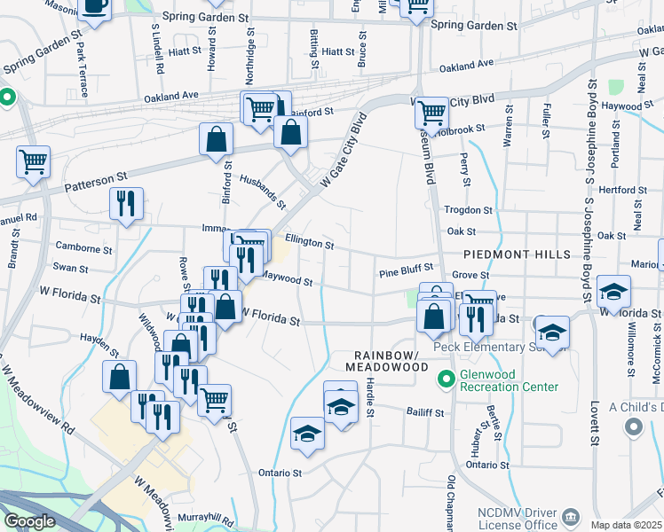 map of restaurants, bars, coffee shops, grocery stores, and more near 1509 Berwick Street in Greensboro