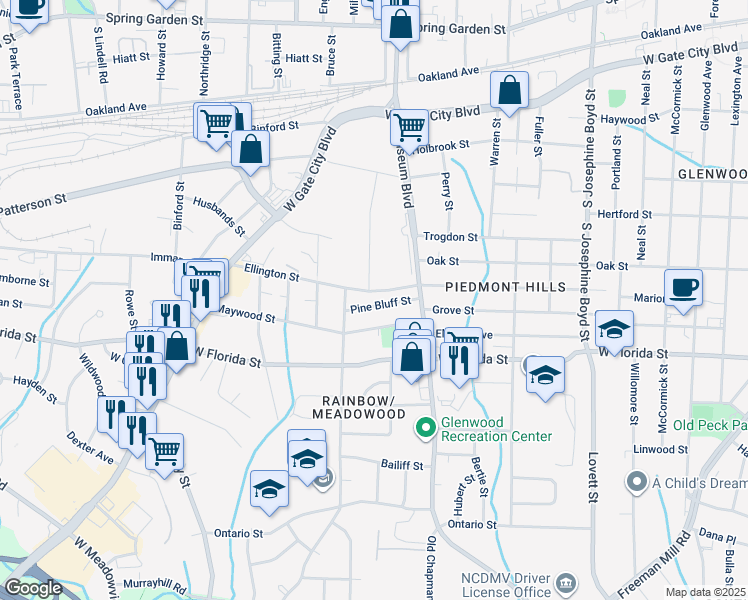 map of restaurants, bars, coffee shops, grocery stores, and more near 2022 Pine Bluff Street in Greensboro